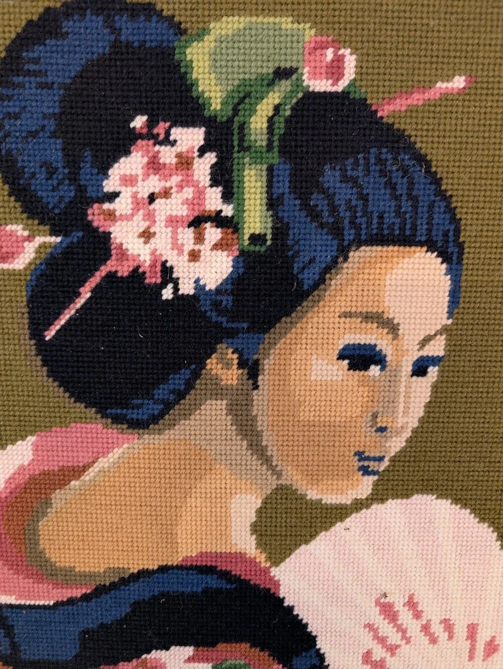 Vintage Asian Geisha Needlepoint Wall Art in Olive, Pink, Green